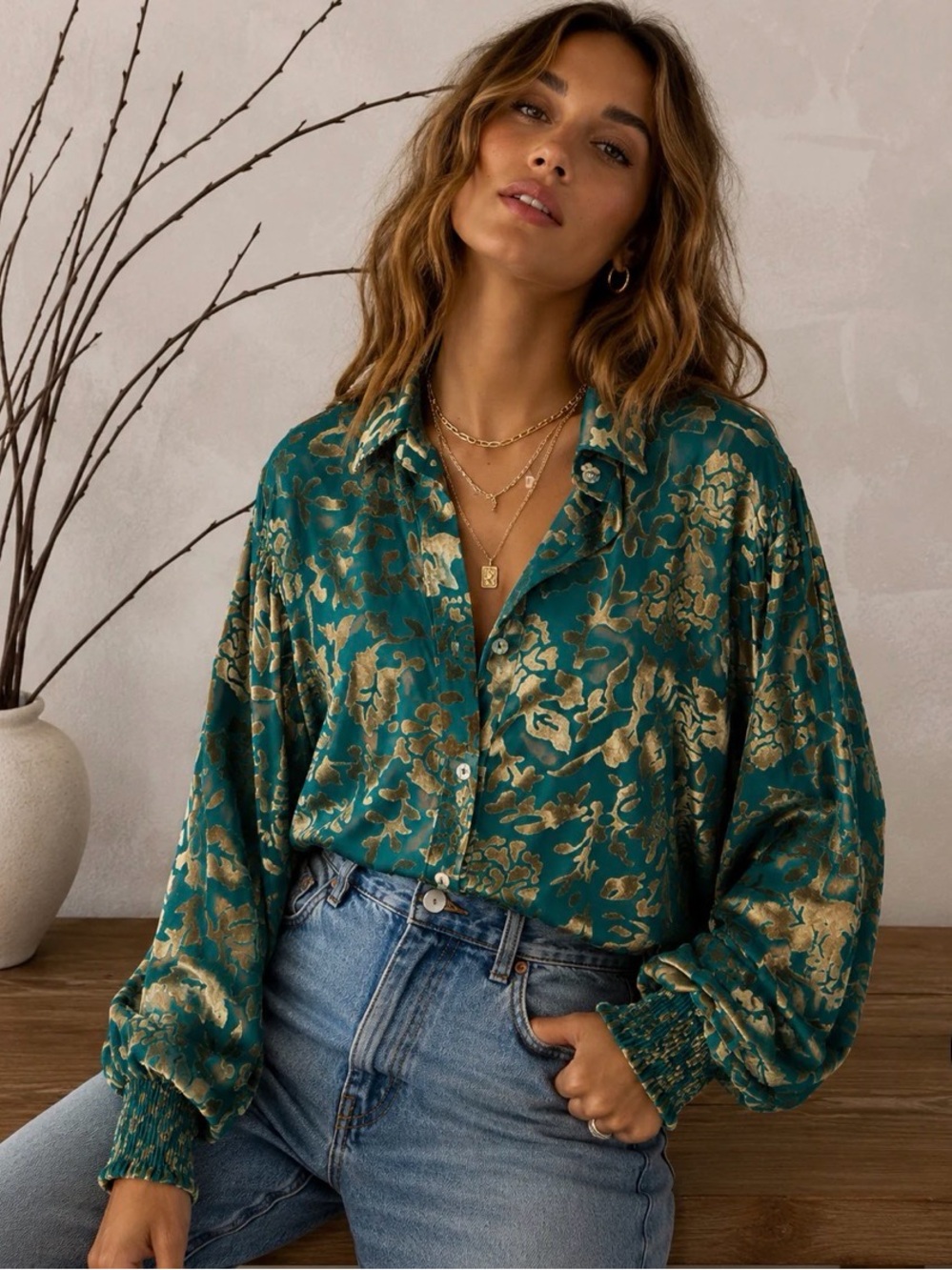 AFTER MIDNIGHT BURNOUT VELVET MESH BALLOON SLEEVE BUTTON UP BLOUSE Size Small